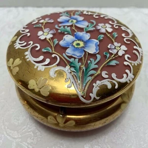 Antique Pink Opaline Glass POWDER BOX Enameled Flowers Gilt Bohemia Vanity Jar - Picture 1 of 12