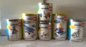 6x Metallbaukasten Baukasten Metall Bral Auto LKW Flugzeug Kran Solar Dosen - Bild 1 von 1