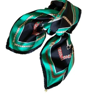 Vtg Equestrian Print Silk Scarf J Dormont Paris 30”x30” Rolled Hem Navy Green - Picture 1 of 6