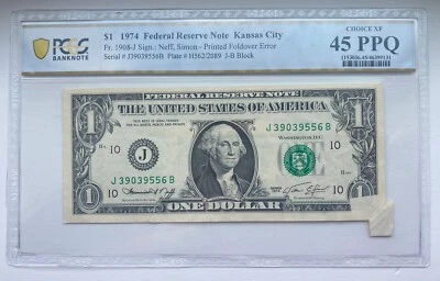 1974 $1 Federal Reserve Note Kansas City Fr 1908-J Foldover Error PCGS 45 PPQ - Image 1 of 2