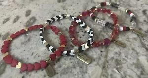 ERIMISH Heart Red Black White Gold Bead Stretch Herringbone Heart Bracelet Stack - Picture 1 of 12