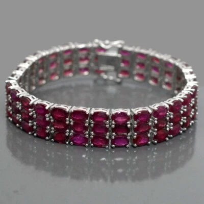 Natural Pink Ruby Gemstone 925 Sterling Sliver Three Line Tennis Bracelet Gifts - Image 1 of 4