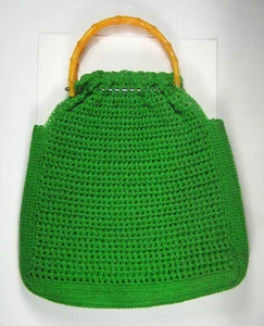 Handbag Green Knitted Faux Bamboo Handles Boho Hippie Purse Vintage 1970 Stain - Picture 1 of 12