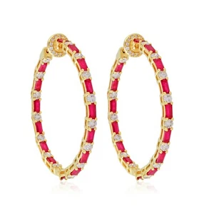 5.48 TCW Natural Ruby Baguette Hoop Earrings SI/H Diamond 14k Yellow Solid Gold - Picture 1 of 6