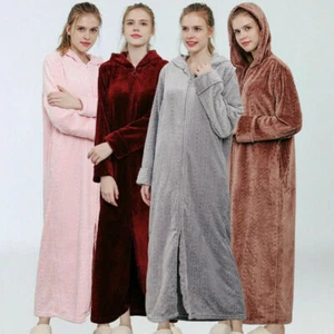 2025 Cálido Vestido con Capucha Bata de Baño Franela Suave Vellón Cremallera Bata Larga Sólida - Imagen 1 de 14