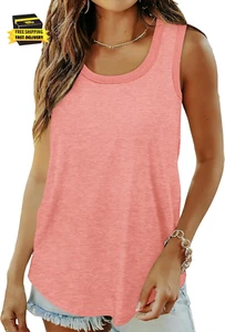 Womens Tank Tops Summer Loose Sleeveless Tops Ribbed Trim Scoop Neck Curved Hem - Picture 1 of 5