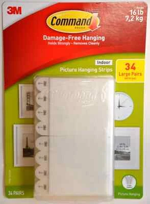 3M Command Picture Hanging Strips Large, 34 Pairs, 68 Strips, Hold 16 lbs - Image 1 of 2