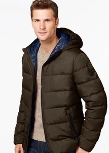 Michael Kors Mens Lightweight Premium Down Jacket Puffer Hood Dark Olive S $225 - Picture 1 of 12