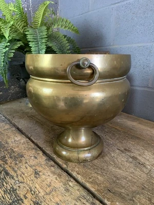 Antik Vintage Messing Bronze Fuß Jardiniere Topf Schale groß Doppelring Griff - Bild 1 von 4