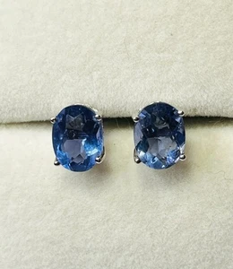 Simple 925 Sterling Silver Natural Bright Blue Fluorite Stud Earrings - Picture 1 of 11