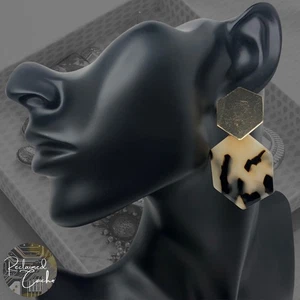 Womens Cream Black Tortoise Shell Design Geometric Post Back Dangle Earrings - Picture 1 of 4