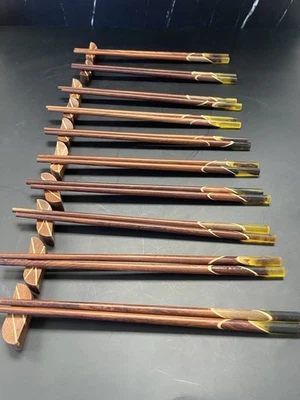 Inlaid Rosewood Chopsticks w/ Rests Amber Tips 10 Pairs - Image 1 of 4