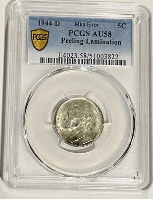 1944-D Jefferson Nickel PCGS AU58 Peeling Lamination Mint Error - Image 1 of 4