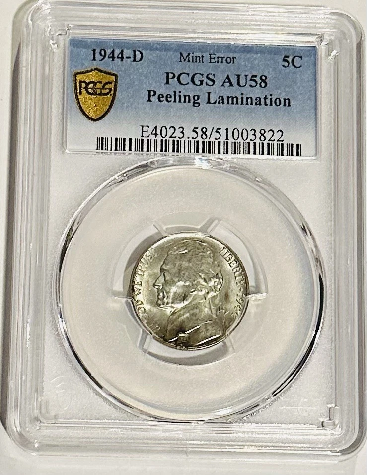 1944-D Jefferson Nickel PCGS AU58 Peeling Lamination Mint Error - Image 1 of 4