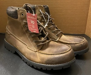 Merona Boots Mens 10 Casual Moc Toe Ankle Bootie Brown Faux Leather Lace Up NEW - Picture 1 of 10