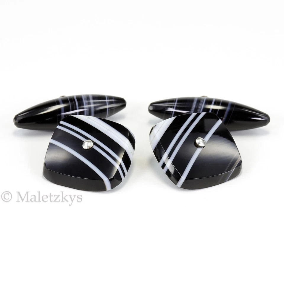 Original Historismus um 1880 - Antike Manschettenknöpfe Onyx Silber Bandachat - Bild 1 von 4