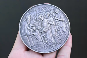 ⭐Large antique silver plated Greek religious medal - Picture 1 of 9