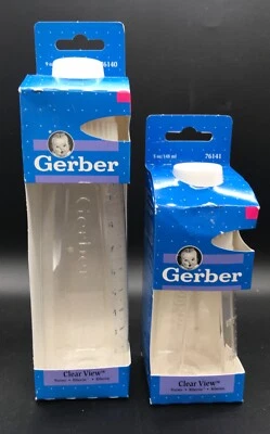 Gerber 2 plastic baby bottles Clear View Nurser Rubber Nipple 1996 sealed boxes - Image 1 of 4