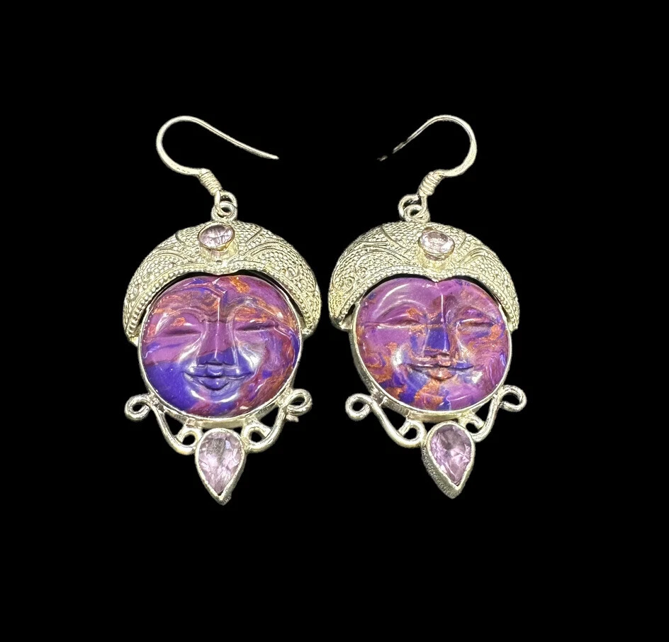 Silver Plate Bali Ethnic Gemstone Carved Face Earrings Amethyst Dangle Hook - Image 1 of 4