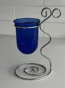 Cobalt Blue Glass Candle Holder With Metal Stand - Picture 1 of 5