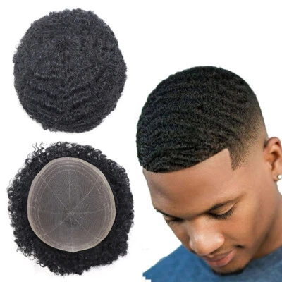 Pelo humano afro rizado para hombre toupee peinado africano completo encaje sistema de cabello PU Foto 1 de 4