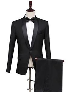Vendedor de EE. UU.: Vestido esmoquin negro cuello curvo para hombre, blazer de boda incluye pantalones - Imagen 1 de 11