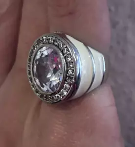 Rhodium White Enamel Crystal Gemstone Beautiful Vintage Ring - Picture 1 of 5