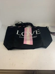 VICTORIAS SECRET LOVE STRIPED TOTE BLACK PINK BEACH BAG WEEKENDER ZIPPER NWT - Picture 1 of 5