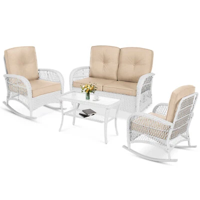 MEETWARM 4-Pieces Patio Furniture Sets Outdoor Rattan Wicker Sectional Sofa Set w/ Table