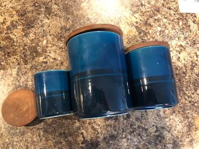 Set 3 BLUE Ceramic Kitchen Canisters/Jars with Wood Lids ITALIAN CERAMIC Italy  - Image 1 of 4