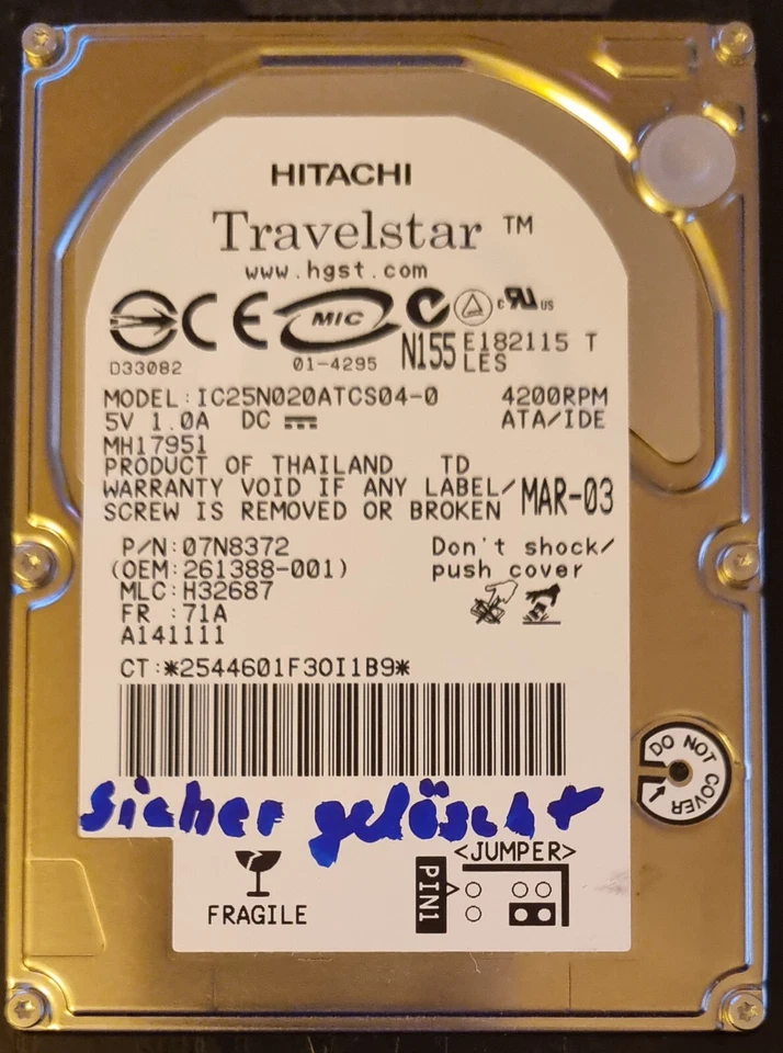 2,5 Zoll IDE Festplatte Hitachi IC25N020ATCS04-0, 20GB - Bild 1 von 1