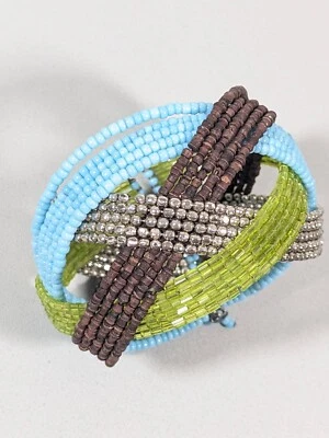 Brazalete Beachy Coastal Marrón Azul Verde Trenzado Ancho Abierto 6 pulgadas Foto 1 de 4