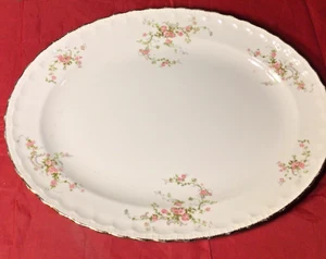 Pope Gosser Pink Flowers Green Leaves Scalloped Edges Oval Serving Platter 15" - Picture 1 of 8