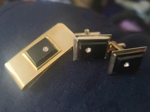 Vntg Beautiful Brass Onix Cufflinks & Money Clip Set - Picture 1 of 3