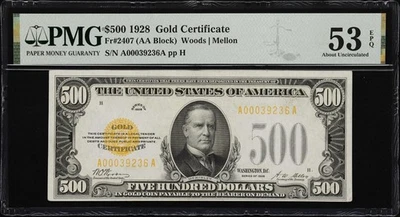 Fr. 2407. 1928 $500 Gold Certificate. PMG About Uncirculated 53 EPQ. - Image 1 of 2