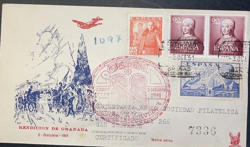 RENDICIÓN de GRANADA correo Aéreo matas especial ESPAÑA EL SALVADOR certificado - Imagen 1 de 2