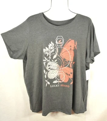 Blusa para mujer Lucky Brand 1X gris estampado mariposa manga corta talla grande nueva con etiquetas Foto 1 de 4