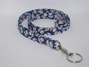 Edelweiss Lanyard, Pink & White Flowers on Blue, Teacher Badge Holder, Key Chain - Picture 1 of 7