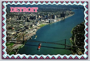 Postcard Aerial View of Cargo Ship Beneath Ambassador Bridge Detroit Michigan - Picture 1 of 2
