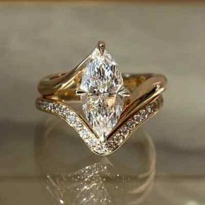 2.60 CTW Marquise Moissanite Engagement Wedding Ring Sets 14K Yellow Gold Plated - Picture 1 of 10