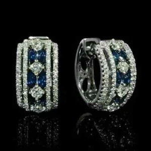 14K White Gold Plated 3Ct Lab Created Sapphire Diamond Huggie Hoop Earrings - Picture 1 of 2