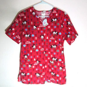 Holiday Scrubs Child Small Top Mickey Minnie Mouse Merry Kissmouse Disney - Picture 1 of 4