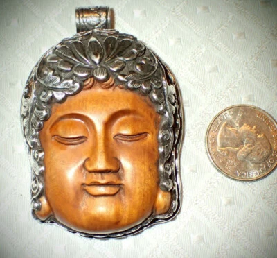 Cara de Buda de madera bellamente tallada en plata de ley. ex grande Foto 1 de 4