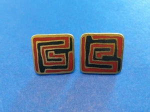 Pendientes firmados Laurel Burch "Misterio" esmalte negro/rojo en poste dorado - Imagen 1 de 4