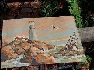VINTAGE ORIGINAL PAINTING OCEAN WAVES LIGHTHOUSE PAINT BY NUMBERS 16" X 12" - Picture 1 of 14