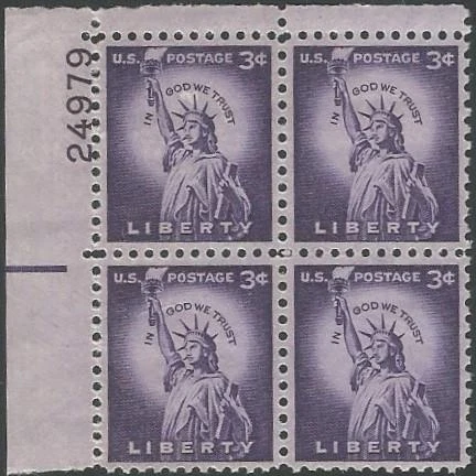 Plate Block of 4 stamps - Scott 1035 - 3 cent - Liberty - 1954 - MNH - Image 1 of 1