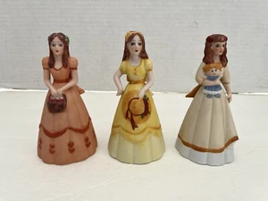 Lote de 3 campanas estatuillas vintage de cerámica victoriana dama naranja/rojo amarillo beige - Imagen 1 de 11