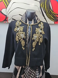 Twenty One Black Sweater With Gold&Pearls Deco Floral Sz Large NEW - Picture 1 of 8