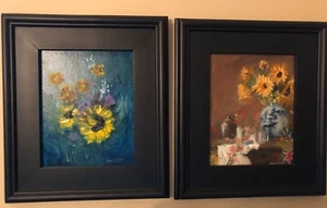 TWO Original Oil Paintings Sunflowers stretched canvas Contemporary Artist 8x10 - Picture 1 of 6