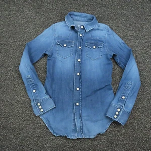 5 Mind Shirt Girls Size 7 Blue Denim Snap Button Up Long Sleeve Casual Youth - Picture 1 of 7